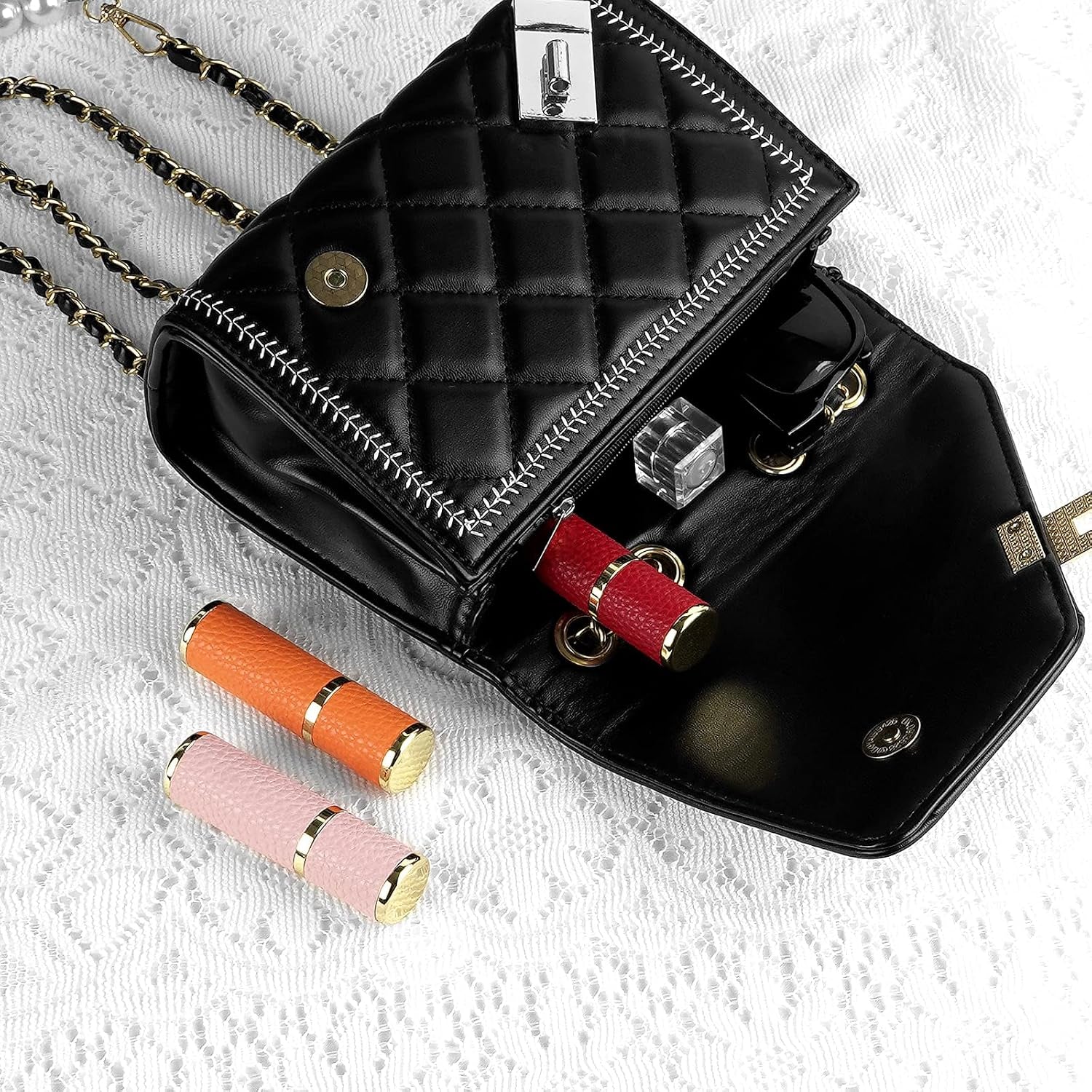 3 Pack Portable Perfume Bottle for Travel, Mini Refillable Perfume Dispenser, 5Ml Faux Leather Leak Proof Perfume Atomizers Bottles Sprayer for Pocket Perfume (Red, Pink, Orange)
