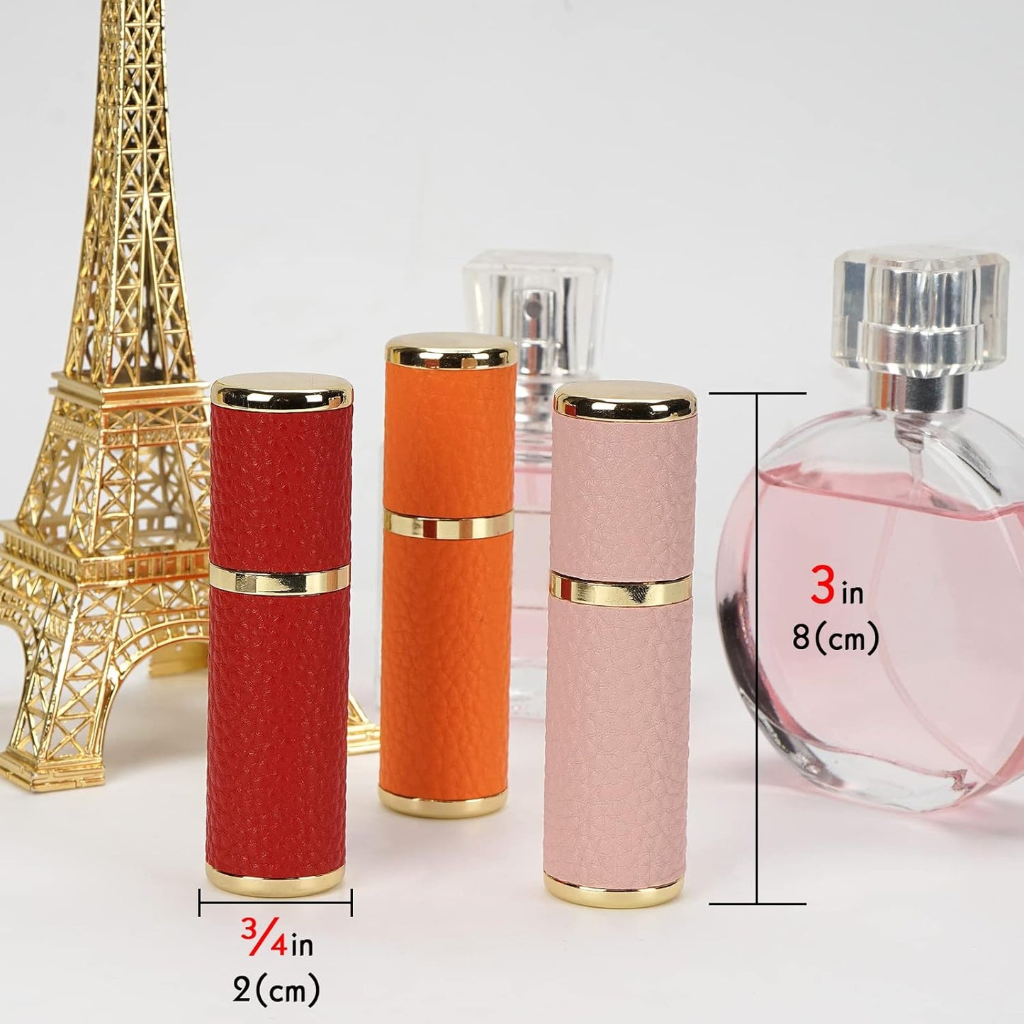 3 Pack Portable Perfume Bottle for Travel, Mini Refillable Perfume Dispenser, 5Ml Faux Leather Leak Proof Perfume Atomizers Bottles Sprayer for Pocket Perfume (Red, Pink, Orange)