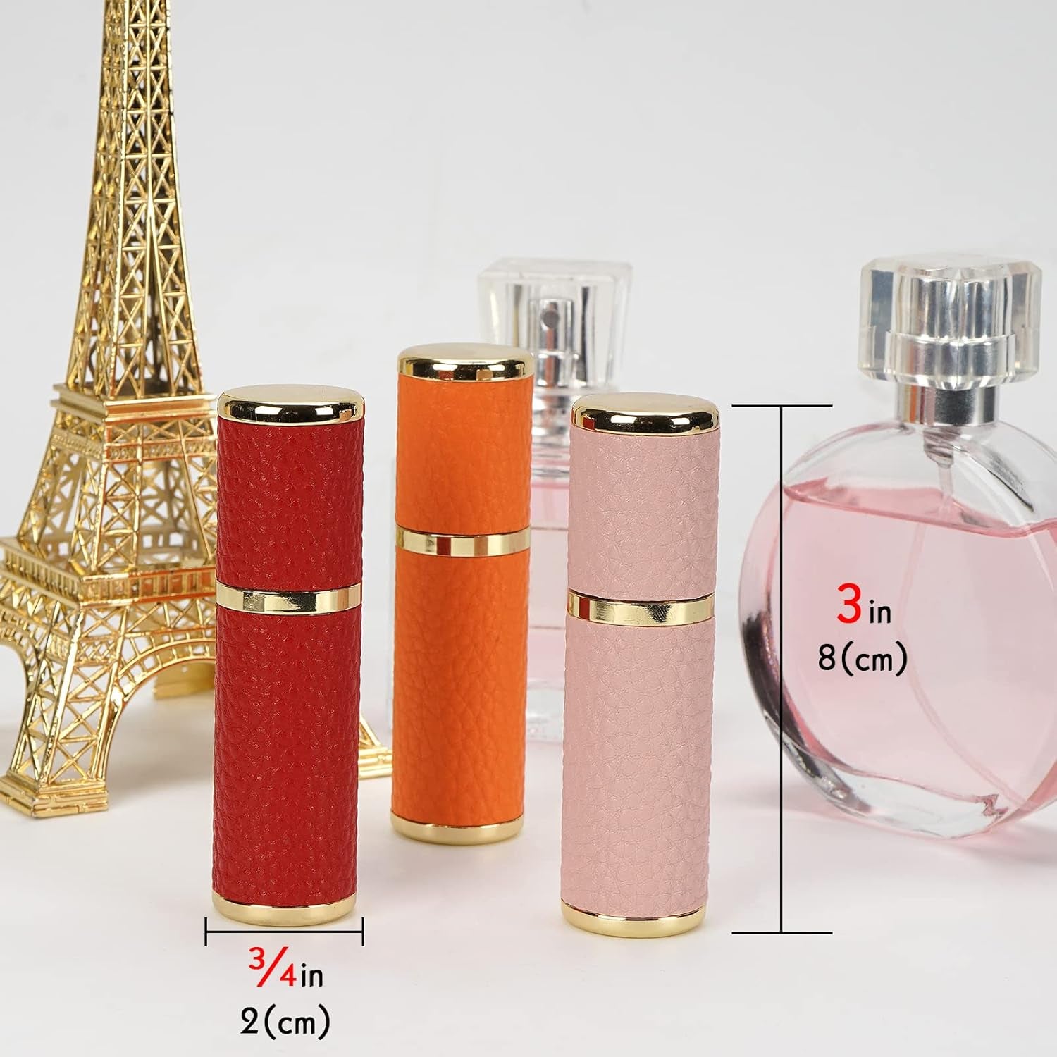 3 Pack Portable Perfume Bottle for Travel, Mini Refillable Perfume Dispenser, 5Ml Faux Leather Leak Proof Perfume Atomizers Bottles Sprayer for Pocket Perfume (Red, Pink, Orange)