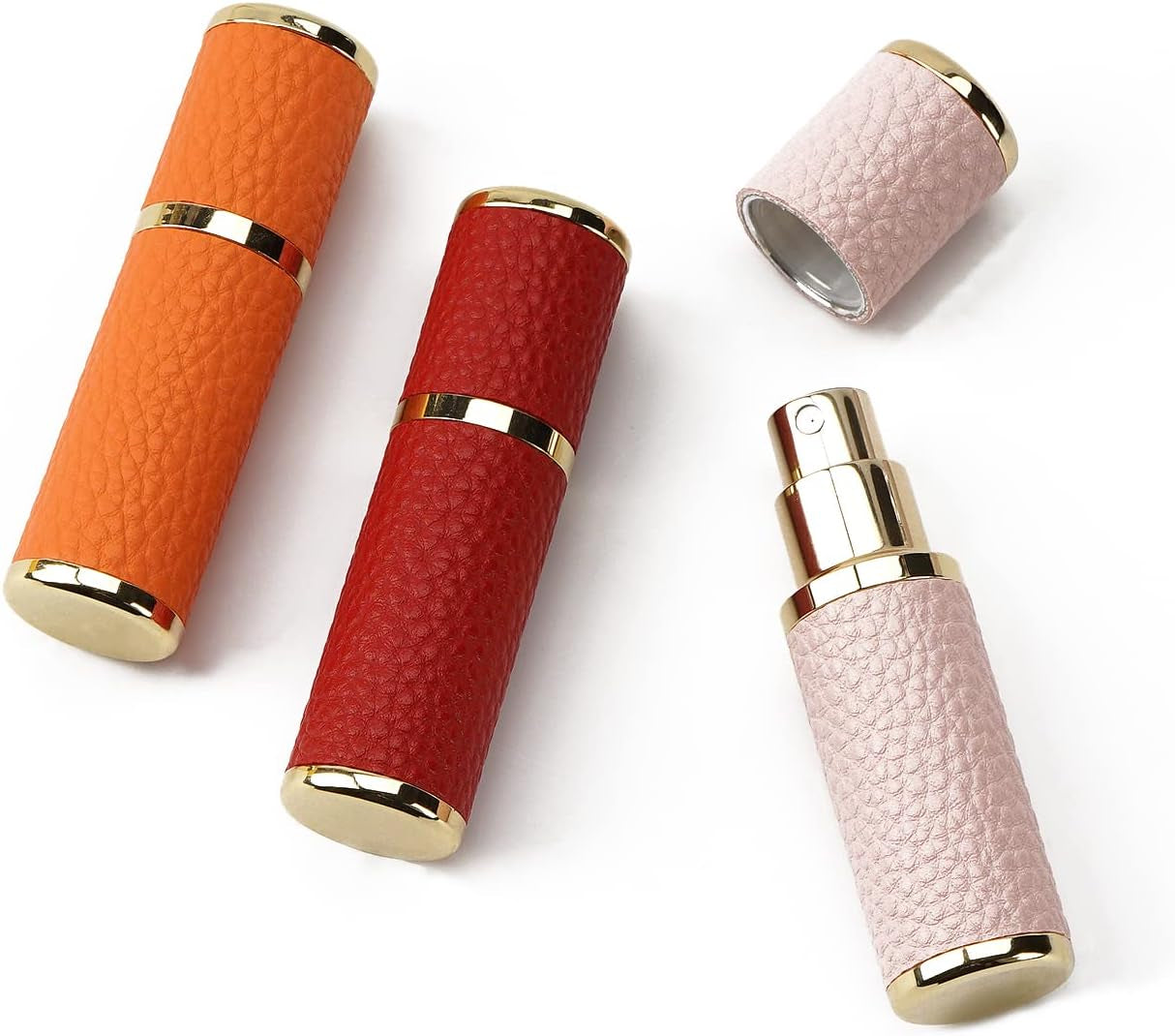 3 Pack Portable Perfume Bottle for Travel, Mini Refillable Perfume Dispenser, 5Ml Faux Leather Leak Proof Perfume Atomizers Bottles Sprayer for Pocket Perfume (Red, Pink, Orange)